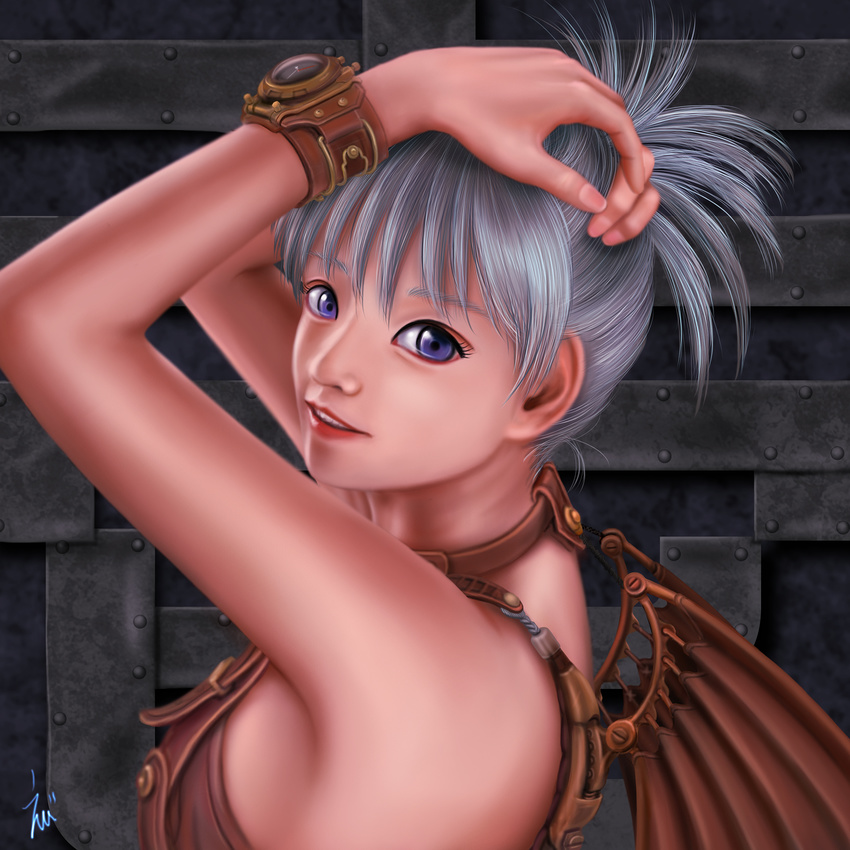 breasts close-up ebi_(eeotoko) hands_in_hair highres lips mechanical_wings nose original portrait purple_eyes short_ponytail sideboob silver_hair smile solo steampunk watch wings wristwatch