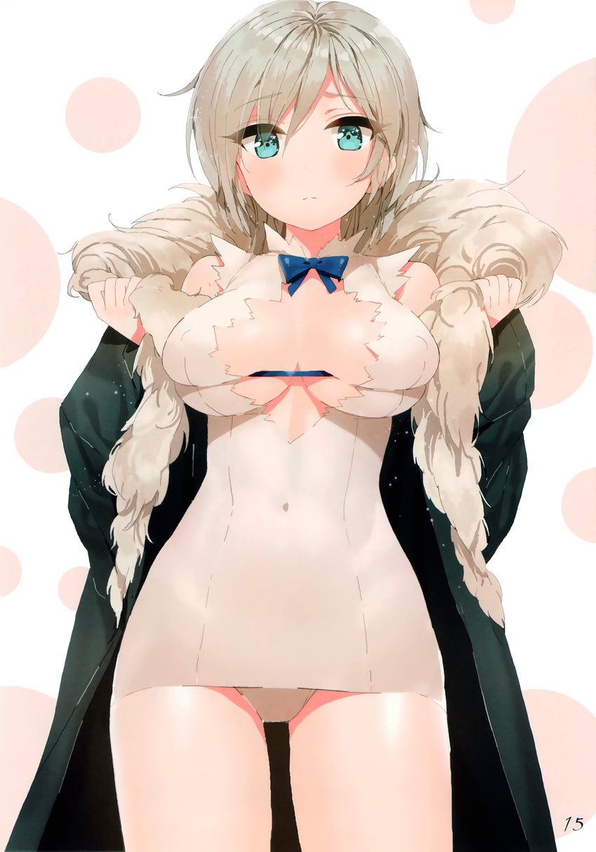 absurdres anastasia_(idolmaster) bangs bare_shoulders blue_bow blue_eyes blue_ribbon blush bow bowtie breasts cleavage cleavage_cutout closed_mouth coat cosplay covered_navel covered_nipples cowboy_shot deep_skin dress dungeon_ni_deai_wo_motomeru_no_wa_machigatteiru_darou_ka eyebrows_visible_through_hair frown fur_collar fur_trim hair_between_eyes hestia_(danmachi) hestia_(danmachi)_(cosplay) highres hips idolmaster idolmaster_cinderella_girls large_breasts long_coat looking_at_viewer mx2j_(nsh6394) no_bra off_shoulder open_clothes open_coat page_number panties pantyshot pantyshot_(standing) parted_bangs polka_dot polka_dot_background rei_no_himo ribbon scan short_dress short_hair silver_hair skindentation solo standing underwear upskirt white_background white_dress white_panties