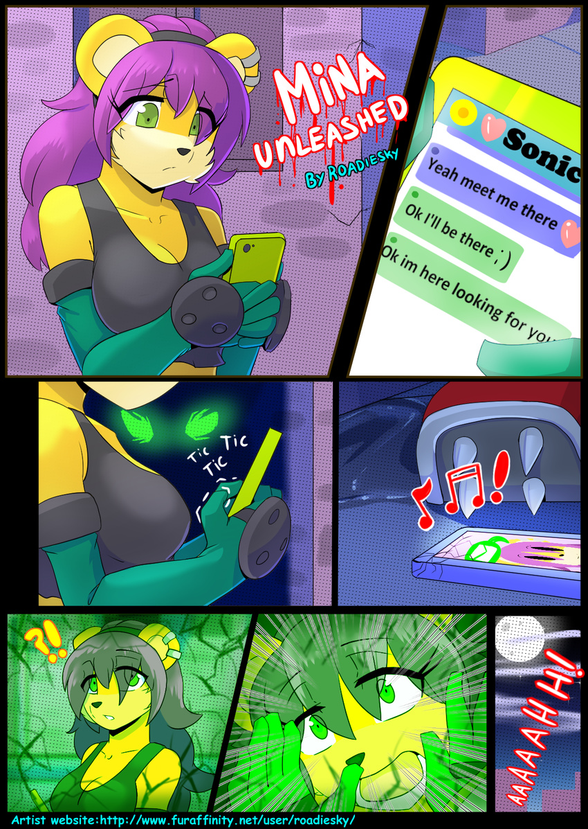 comic fur green_eyes hair hi_res mina_mongoose phone purple_hair roadiesky sonic_(series) sonic_the_werehog texting yellow_fur