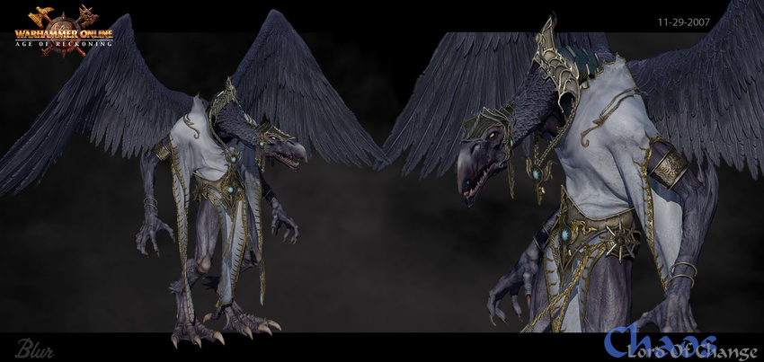 ambiguous_gender anthro avian beak bird cgi chaos claws clothing digital_media_(artwork) empty_eyes feathered_wings feathers hi_res jewelry lord_of_change official_art solo spread_wings talons teeth tzeentch warhammer_(franchise) wings