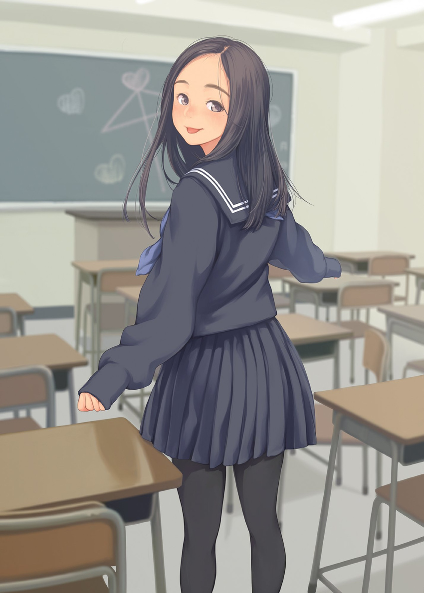 :p ai_ai_gasa bangs black_eyes black_hair black_legwear black_serafuku black_shirt black_skirt blurry blush chair chalkboard classroom depth_of_field desk from_behind heart highres indoors kamo_(gafas) long_hair looking_at_viewer looking_back mole mole_under_eye neckerchief original pantyhose parted_bangs pleated_skirt school_desk school_uniform serafuku shirt skirt sleeves_past_wrists solo standing tongue tongue_out