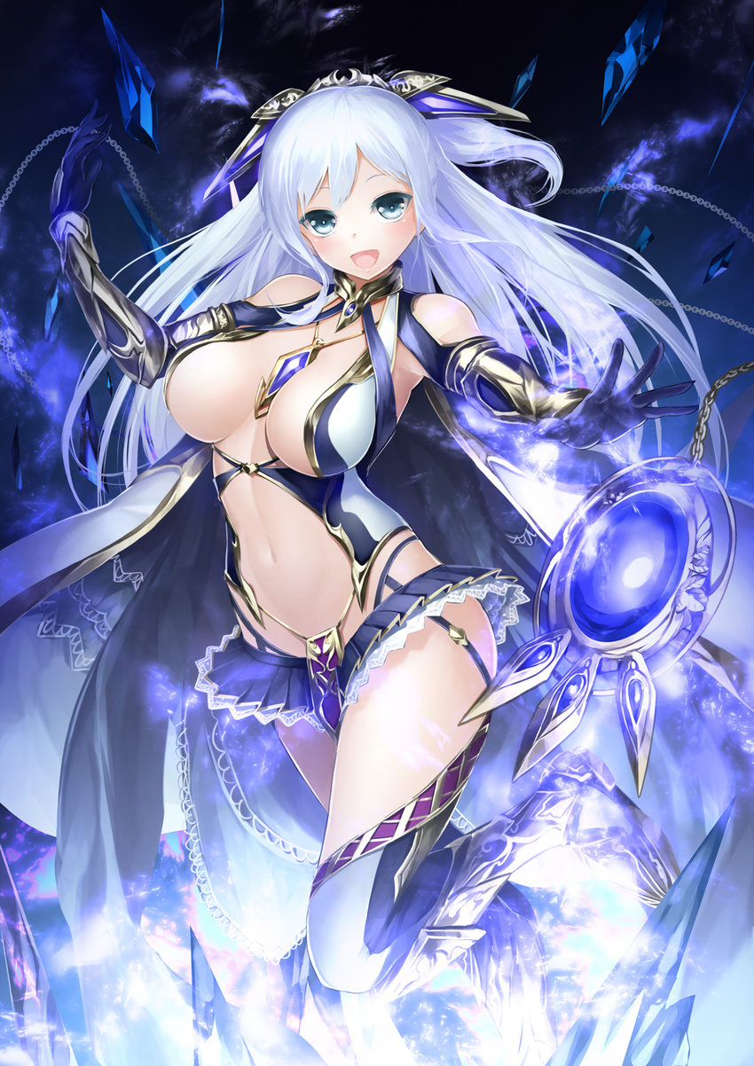 bad_id bad_pixiv_id blue_eyes breasts cleavage elbow_gloves fantasy gloves highres large_breasts long_hair navel original solo solru thighhighs white_hair
