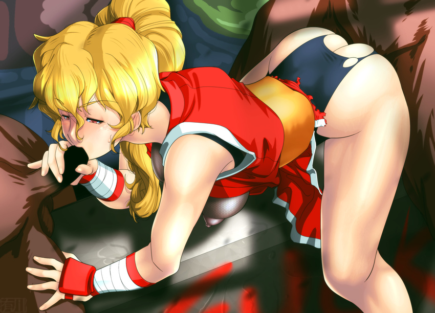 1girl absurdres all_fours areolae arikawa ass bare_legs blonde_hair breasts capcom clothed_female_nude_male doggystyle fellatio final_fight fishnets genryuusai_maki hanging_breasts highres japanese_clothes large_breasts legs leotard long_hair looking_at_another nipples oral penis ponytail red_eyes sex shiny shiny_hair sleeveless solo_focus thighs torn_clothes vaginal