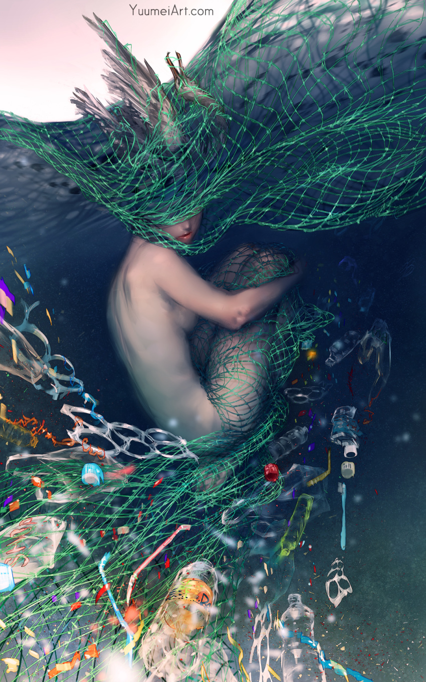 1girl aqua_hair bird bottle bottle_cap breasts commentary drinking_straw english_commentary entangled fetal_position highres knees_on_chest leg_hug lips looking_at_viewer medium_breasts net nude original plastic_wrap seagull solo trash underwater watermark web_address wenqing_yan