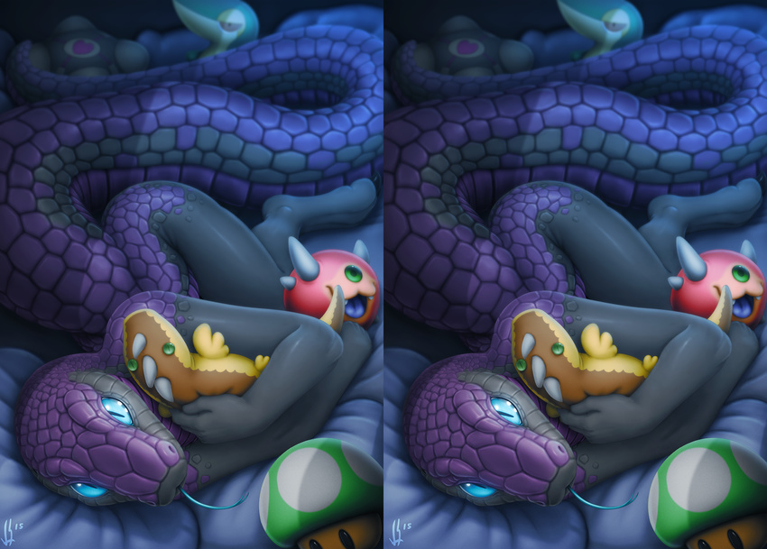 1-up ambiguous_gender anthro barefoot bed black_scales blue_eyes brown_eyes cacodemon claws cross_eye_stereogram crossover cute digitigrade doom forked_tongue green_eyes half-closed_eyes hi_res long_tail looking_at_viewer lying mario_bros multicolored_scales mushroom nintendo nude on_bed on_side open_mouth plushie pok&eacute;mon portal portal_(series) purple_scales reptile scales scalie sharp_claws slit_pupils snake snivy solo stereogram tongue tongue_out toy two_tone_scales vader-san valve video_games weighted_companion_cube zmia