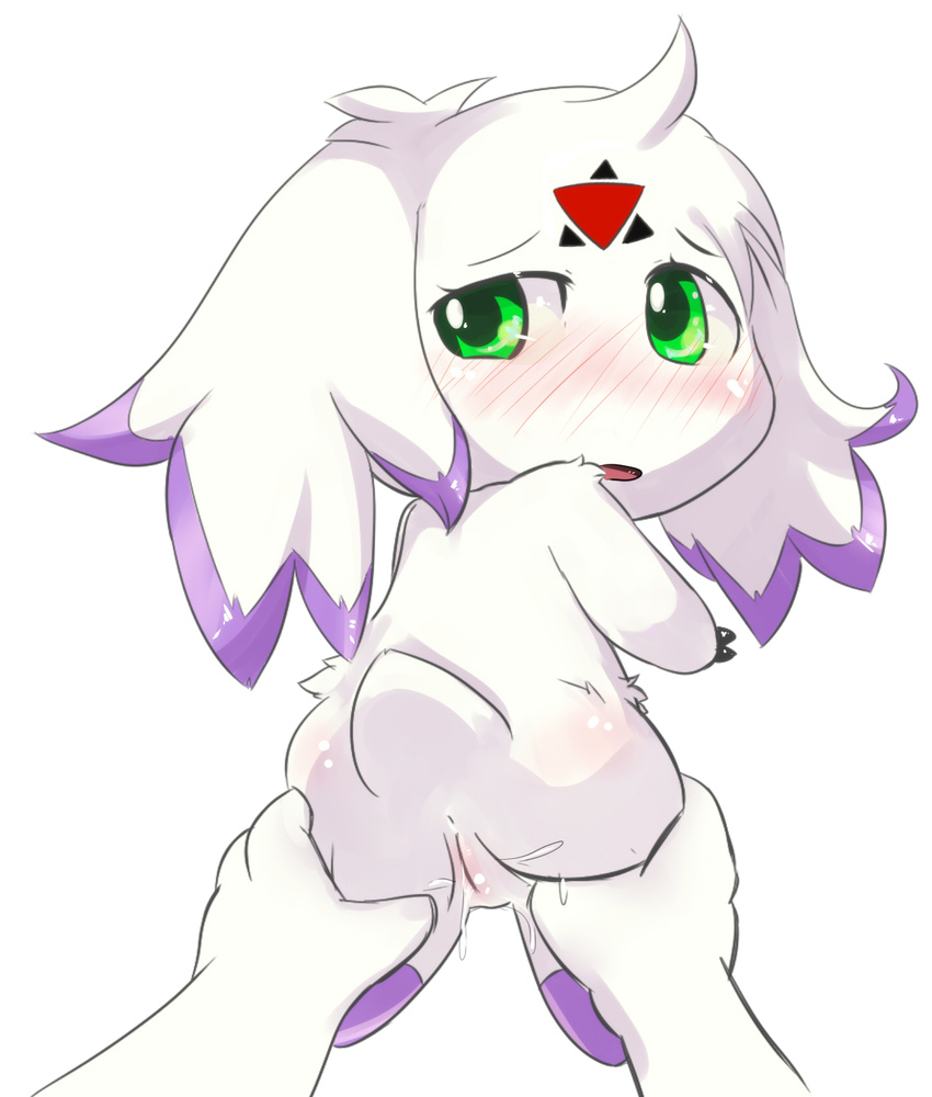 blush calumon clyndemoon digimon female fur green_eyes hi_res looking_at_viewer looking_back mammal open_mouth pussy simple_background solo_focus spread_pussy spreading video_games white_fur