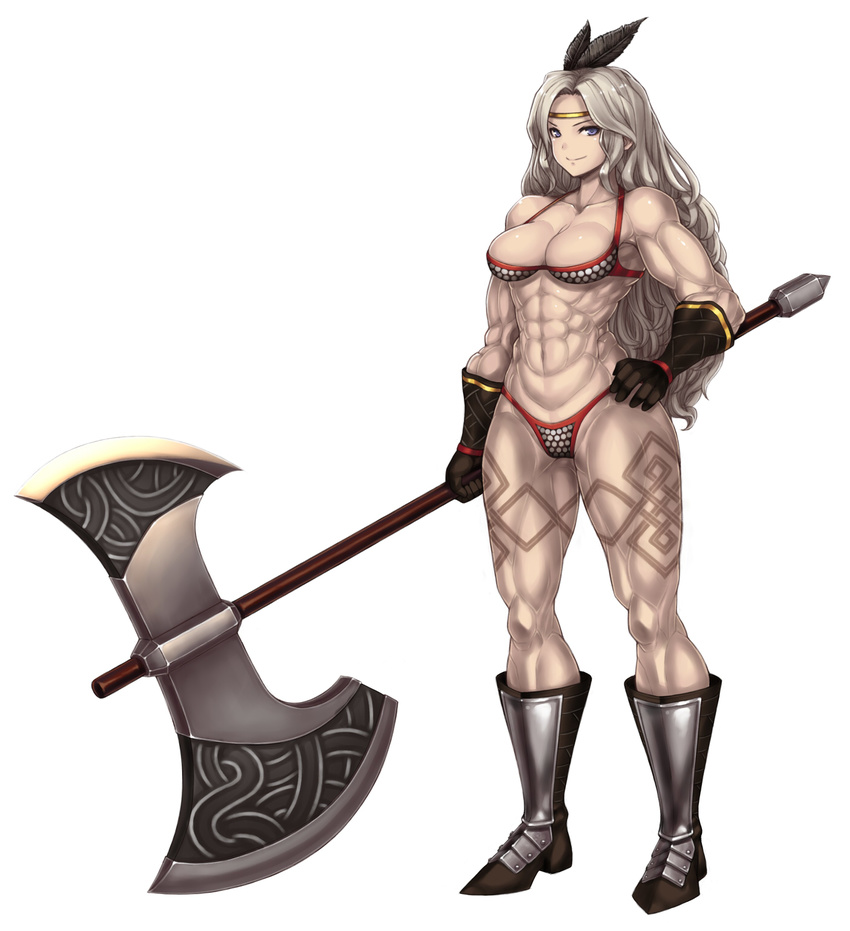 abs amazon_(dragon's_crown) armor axe bare_shoulders battle_axe bikini_armor blonde_hair blue_eyes boots breasts circlet cleavage collarbone dragon's_crown feathers full_body gloves hand_on_hip highres huge_breasts katagiri_(a1466502) long_hair looking_at_viewer muscle muscular_female navel simple_background solo standing tattoo thick_thighs thighs weapon white_background