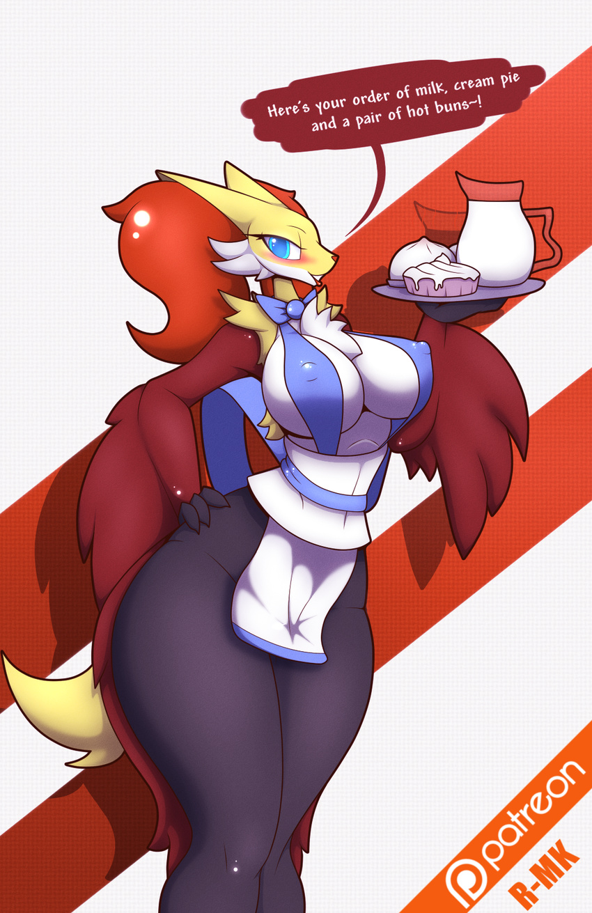 anthro big_breasts blush bow breasts canine chest_tuft clothed clothing delphox english_text female food fox hand_on_hip inner_ear_fluff lips looking_at_viewer mammal milk nintendo nipple_bulge partially_clothed pok&eacute;mon r-mk smile solo text thick_thighs tuft video_games voluptuous waiter