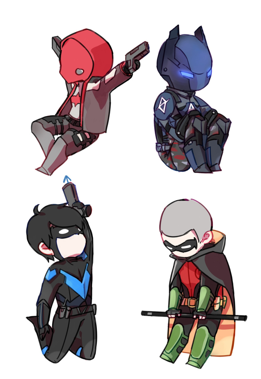 batman:_arkham batman:_arkham_knight batman_(series) belt black_hair body_armor bodysuit boots brothers cape chibi dc_comics dick_grayson domino_mask dual_wielding escrima_stick fingerless_gloves gauntlets gloves gun helmet holster jason_todd mask multiple_boys nightwing power_armor red_hood_(dc) robin_(dc) siblings staff tim_drake weapon