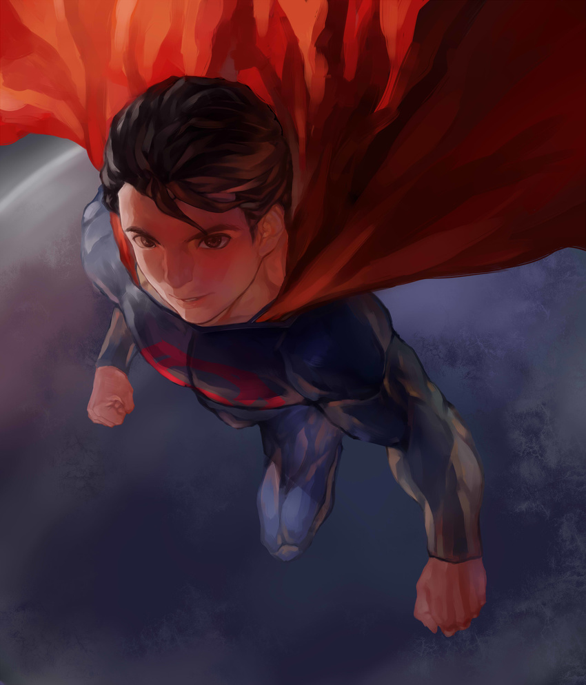 1boy blue_eyes bodysuit cape dc_comics flying kryptonian male_focus red_cape s_shield solo superman superman_(series)