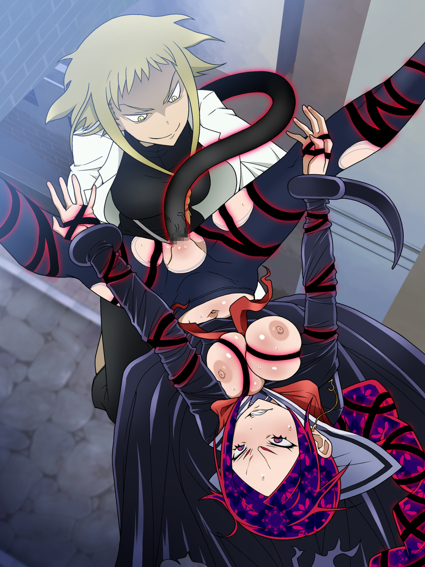 2girls angry areolae blonde_hair blush breast_squeeze breasts breasts_outside censored clenched_teeth highres ice_place large_breasts legs long_hair long_sleeves looking_at_another looking_down looking_up medusa_gorgon mosaic_censoring multicolored_eyes multicolored_hair multiple_girls naughty_face navel nipples pussy raised_eyebrows rape restrained sex shaula_gorgon shaved shaved_pussy short_hair smile soul_eater soul_eater_not! spandex spread_legs sweat teeth tentacle thighs vaginal yellow_eyes