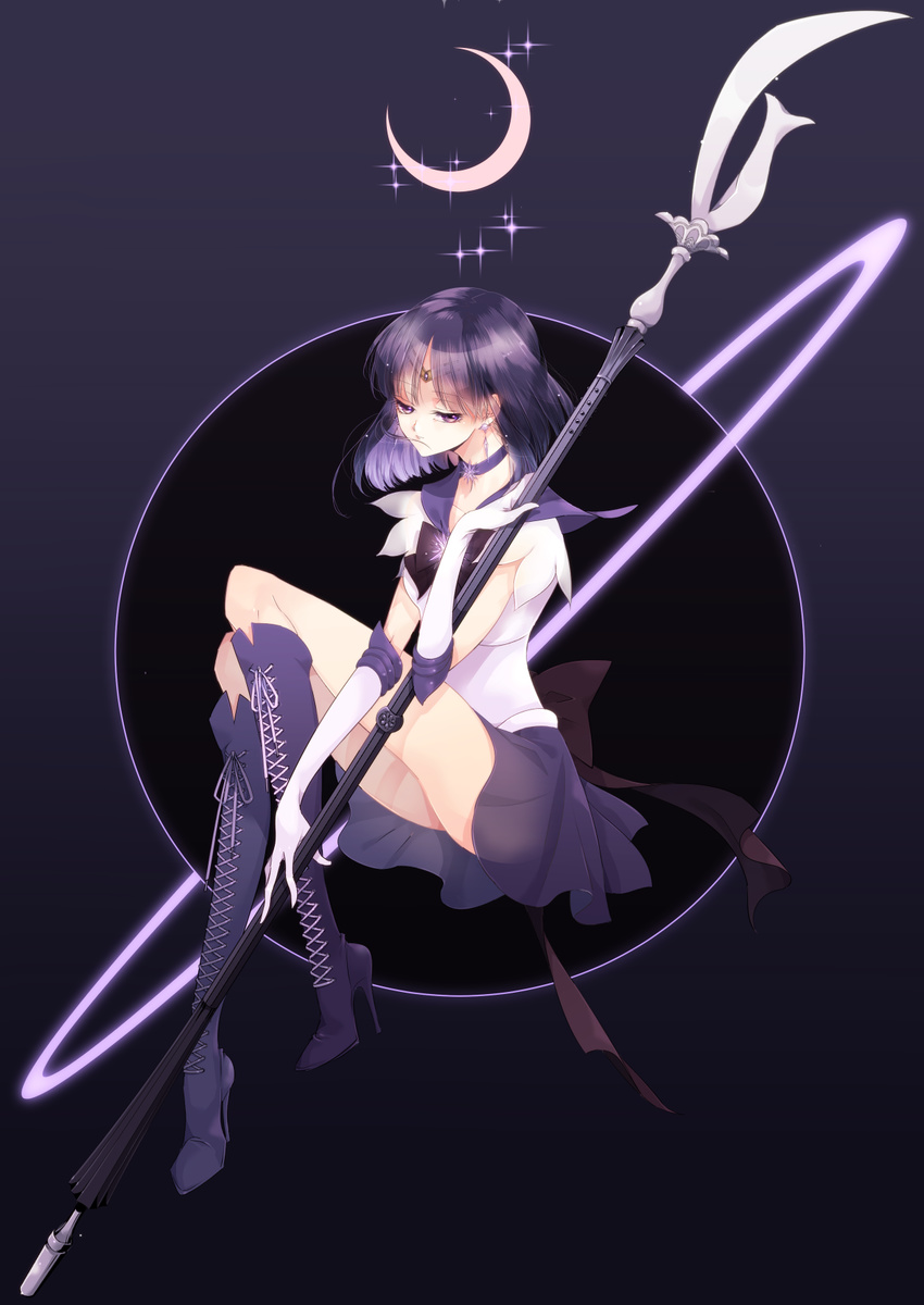 bishoujo_senshi_sailor_moon black_hair boots bow choker cross-laced_footwear earrings elbow_gloves gloves gradient gradient_background half-closed_eyes half_moon high_heel_boots high_heels highres holding holding_spear holding_weapon jewelry knee_boots lace-up_boots magical_girl moon object_namesake polearm purple_eyes purple_footwear purple_sailor_collar purple_skirt rui_yuda sailor_collar sailor_saturn sailor_senshi_uniform saturn see-through short_hair silence_glaive sitting skirt solo spear star star_(sky) star_choker tiara tomoe_hotaru weapon white_gloves
