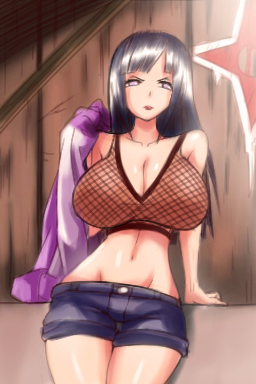 alternate_costume black_hair breasts cleavage evil-dei fishnets hood hoodie huge_breasts hyuuga_hinata large_breasts lavender_eyes long_hair looking_at_viewer naruto naruto:_road_to_ninja navel purple_hair short_shorts solo