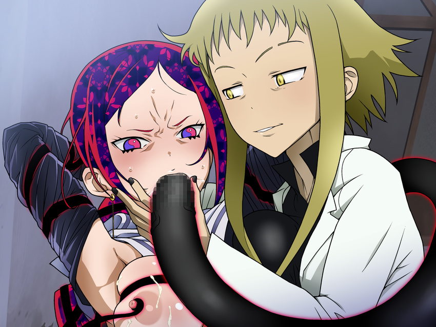 2girls angry areolae armpits arms_behind_head black_nails blonde_hair blush breast_press breasts censored cum cum_on_body cum_on_breasts cum_on_upper_body earrings fellatio highres ice_place jewelry large_breasts long_hair long_sleeves looking_at_another looking_at_viewer medusa_gorgon mosaic_censoring multicolored_eyes multicolored_hair multiple_girls nail_polish nipple_tweak nipples oral raised_eyebrows rape shaula_gorgon short_hair smile soul_eater soul_eater_not! sweat tentacle upper_body yellow_eyes
