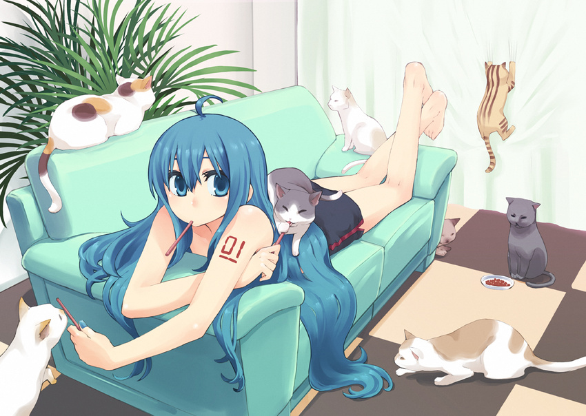 animal barefoot blue_eyes blue_hair cat chan&times;co hatsune_miku long_hair pocky vocaloid waifu2x