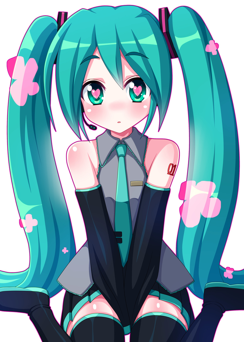 absurdres aqua_eyes aqua_hair blush boots detached_sleeves hatsune_miku headset heart heart-shaped_pupils highres long_hair looking_at_viewer nase necktie open_mouth sitting skirt sleeveless solo symbol-shaped_pupils thigh_boots thighhighs twintails v_arms very_long_hair vocaloid wariza