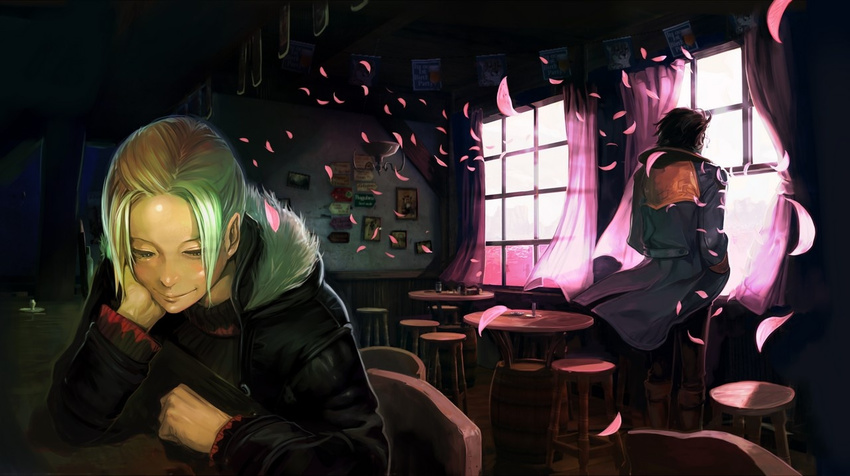 1girl artist_request bar cherry_blossoms coat curtains ellen_(folkssoul) folkssoul from_behind hands_in_pockets head_rest indoors keats long_sleeves looking_at_viewer looking_away official_art sidelocks sitting smile standing upper_body wind window