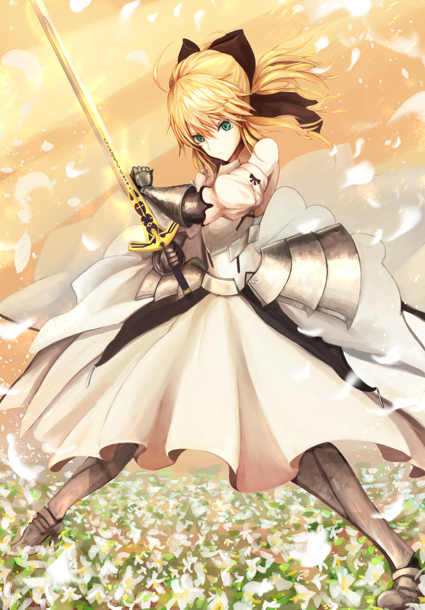 ahoge armor armored_dress artoria_pendragon_(all) black_bow blonde_hair bow caliburn detached_sleeves dress fate/stay_night fate/unlimited_codes fate_(series) flower green_eyes hair_bow highres kaze_minoru_so-ru long_dress long_skirt petals saber saber_lily skirt solo sword weapon