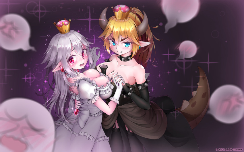 2girls anthropomorphism aqua_eyes blonde_hair blush boo bowsette breasts choker cleavage crown dress elbow_gloves fang garter_belt gloves gray_hair horns hug long_hair pink_eyes pointed_ears ponytail princess_king_boo purple sunkazer super_mario_bros tail thighhighs watermark