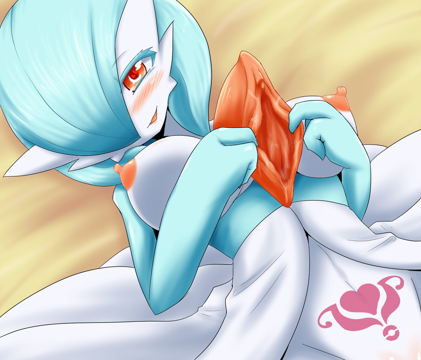1girl alternate_color blue_hair blush breasts female gardevoir hair_over_one_eye heart heart_tattoo looking_at_viewer navel neichii nipples orange_eyes pokemon pubic_tattoo pussy shiny_pokemon short_hair smile solo spread_pussy tattoo what