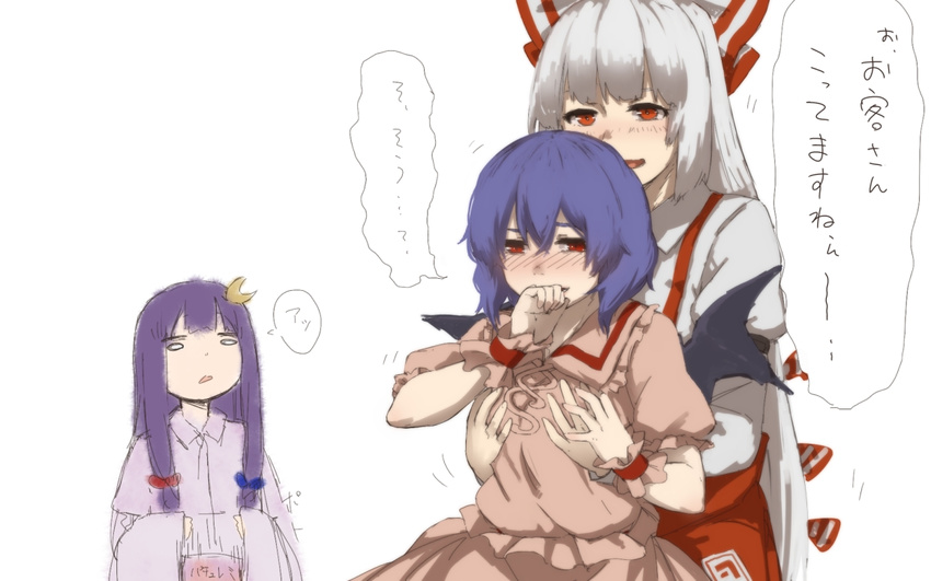 bangs bat_wings blue_hair blush bow capelet collared_shirt commentary_request crescent crescent_hair_ornament dress dropping fujiwara_no_mokou groping hair_bow hair_ornament looking_at_another multiple_girls no_hat no_headwear pants patchouli_knowledge pink_shirt pink_skirt purple_dress purple_hair red_eyes red_pants remilia_scarlet shirt short_sleeves silver_hair simple_background sketch skirt smile surprised suspenders terimayo touhou translated white_background wings wrist_cuffs yuri