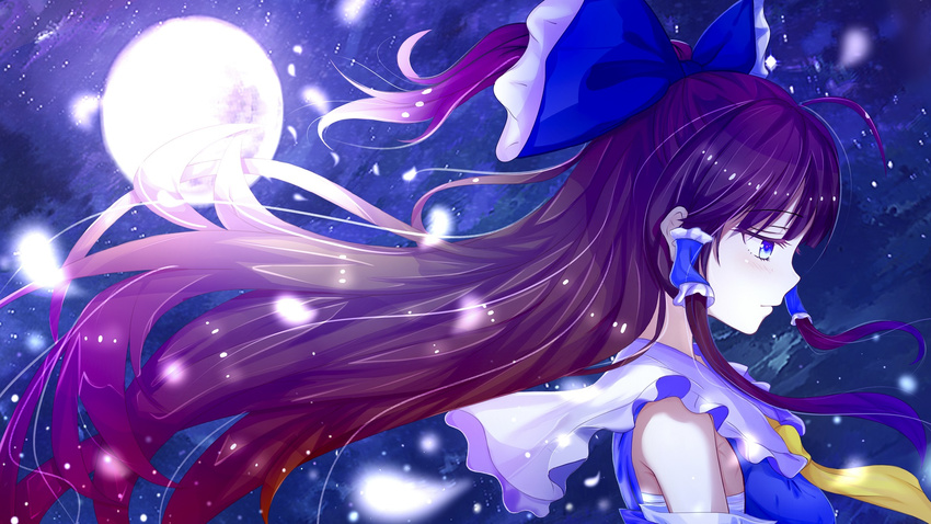 alternate_color blue_eyes cravat detached_sleeves expressionless full_moon guanghe_zuoyong_de_de_yezi hair_ribbon hair_tubes hakurei_reimu highres light_particles long_hair looking_down moon night night_sky outdoors petals player_2 profile ribbon sarashi sky solo touhou wind