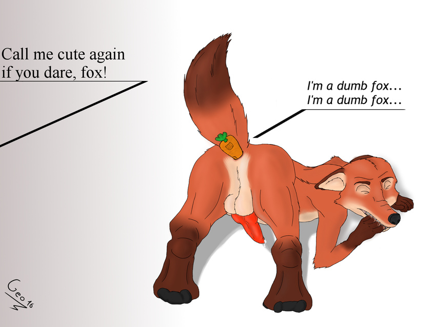 balls bitting canine dialogue dildo disney erection forced fox geowolf judy_hopps male mammal nick_wilde penis raised_tail sex_toy solo zootopia