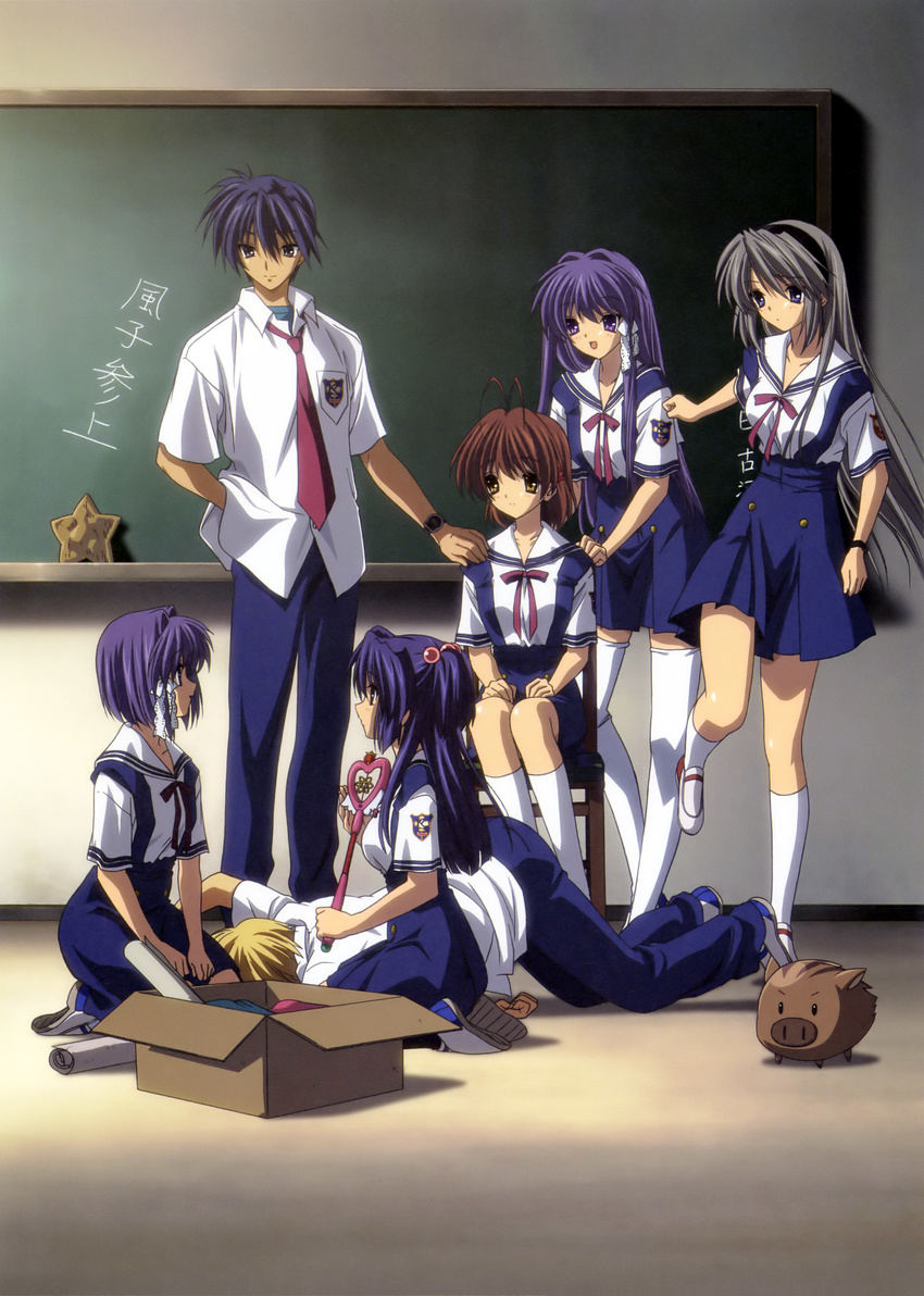 5girls absurdres antenna_hair blonde_hair blue_eyes botan_(clannad) brown_eyes brown_hair clannad detexted fujibayashi_kyou fujibayashi_ryou furukawa_nagisa hair_bobbles hair_ornament hair_ribbon headband highres hikarizaka_private_high_school_uniform ichinose_kotomi ikeda_kazumi kneeling long_hair multiple_boys multiple_girls necktie non-web_source official_art okazaki_tomoya purple_eyes purple_hair ribbon sakagami_tomoyo school_uniform serafuku shoes short_hair siblings silver_hair sisters sunohara_youhei thighhighs third-party_edit twins two_side_up uwabaki very_long_hair