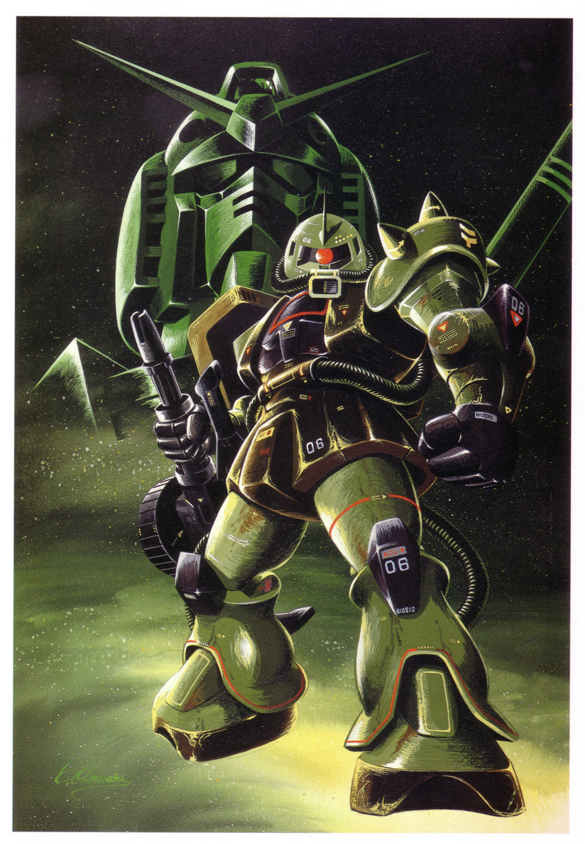 gun gundam highres mecha mobile_suit_gundam official_art okawara_kunio ookawara_kunio rx-78-2 weapon zaku zaku_ii