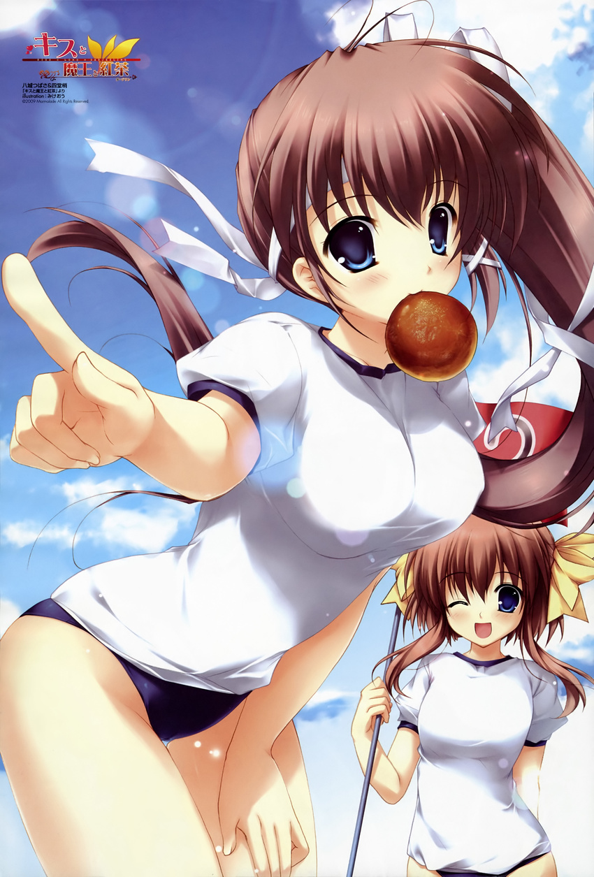 ;d absurdres blue_eyes blush bread bread_eating_race brown_hair buruma food food_in_mouth gym_uniform hair_ribbon highres kiss_to_lord_to_darjeeling leaning_forward long_hair mikeou mouth_hold multiple_girls numbered_flag one_eye_closed open_mouth pointing ponytail ribbon shidou_kozue smile sports_festival yashiro_tsubasa