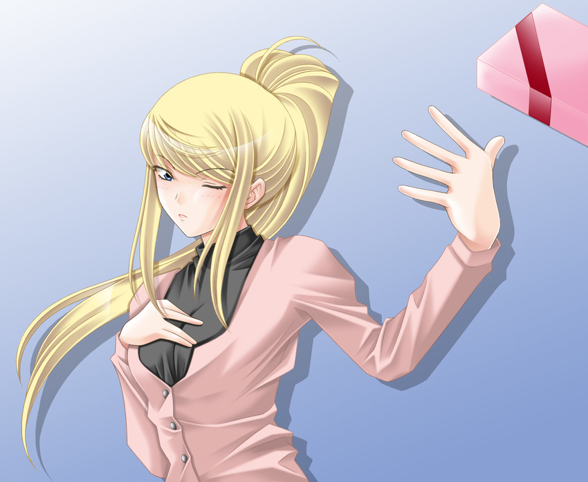 alternate_costume bad_id bad_pixiv_id blonde_hair blue_eyes blush business_suit contemporary formal highres incoming_gift metroid one_eye_closed ponytail samus_aran solo suit tamamon valentine