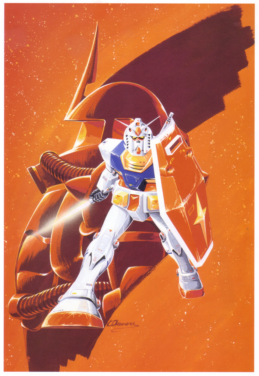 energy_sword gundam highres mecha mobile_suit_gundam official_art okawara_kunio ookawara_kunio rx-78-2 shield sword weapon zaku zaku_ii