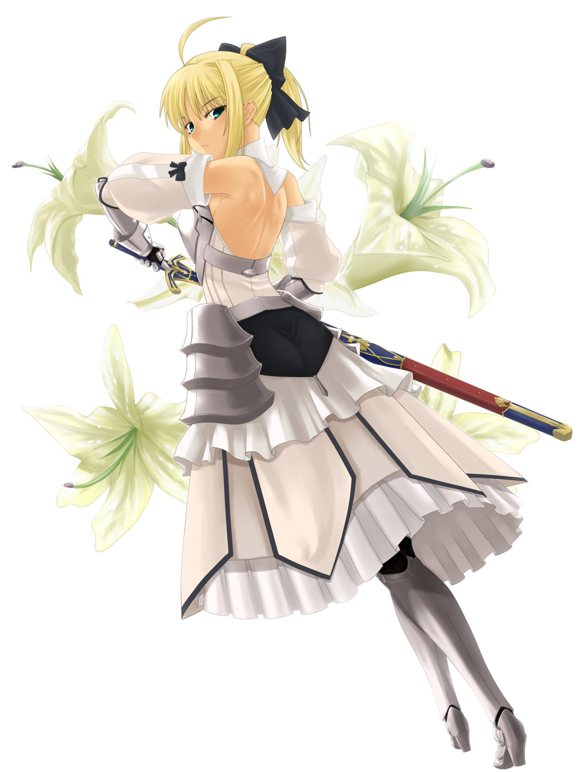 ahoge aqua_eyes armor armored_dress artoria_pendragon_(all) back bare_shoulders blonde_hair bow detached_sleeves dress fate/stay_night fate/unlimited_codes fate_(series) flower from_behind gauntlets greaves hair_bow hair_ribbon highres lily_(flower) looking_back prime ribbon saber saber_lily short_hair solo sword weapon