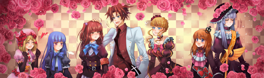 6+girls armband beatrice belt black_eyes blonde_hair blue_eyes blue_hair blush bow choker closed_eyes cross crown dress flower frederica_bernkastel frills hair_bobbles hair_bow hair_ornament hat highres jacket lambdadelta long_hair long_image maria_(umineko) multiple_girls muxiaying necktie orange_hair petting pink_hat purple_eyes red_hair ribbon rose scepter serious short_hair skirt smile umineko_no_naku_koro_ni ushiromiya_ange ushiromiya_battler virgilia white_hair wide_image