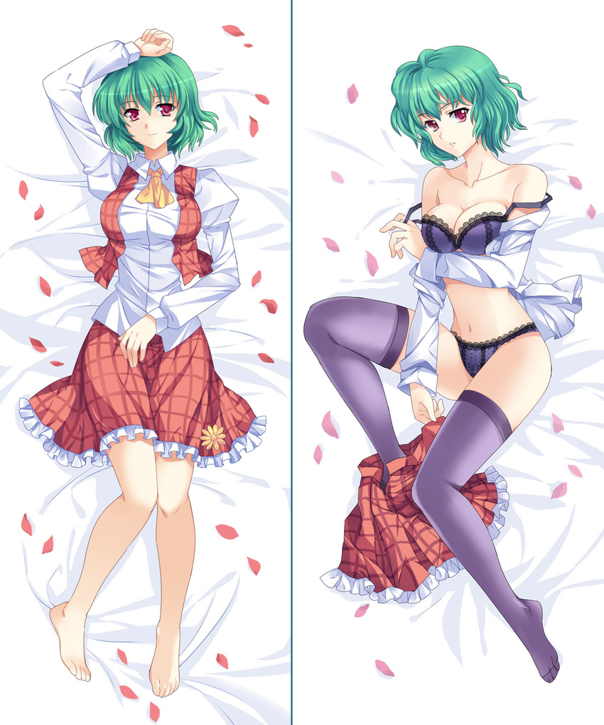 arm_up ascot bad_id bad_pixiv_id barefoot bed bra breasts cleavage dakimakura feet green_hair highres kazami_yuuka lace lace-trimmed_bra lace-trimmed_panties large_breasts legs lingerie lying multiple_views off_shoulder on_back open_clothes open_shirt panties pico_(picollector79) plaid plaid_skirt plaid_vest purple_legwear red_eyes shirt short_hair skirt skirt_set strap_slip thighhighs touhou underwear underwear_only vest