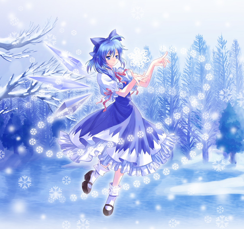 bad_id bad_pixiv_id blue_dress blue_eyes blue_hair bow cirno danmaku dress floating forest hair_bow mary_janes nature outstretched_hand pico_(picollector79) pointing ribbon shoes short_hair smile snow snowflakes socks solo touhou white_legwear wings winter