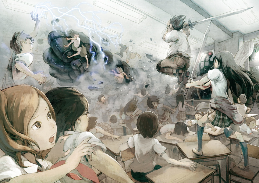 6+girls battle broken_glass classroom desk electricity epic glass golem highres multiple_boys multiple_girls original panties pantyshot protecting punching saitou_shunsuke school school_uniform sword underwear weapon