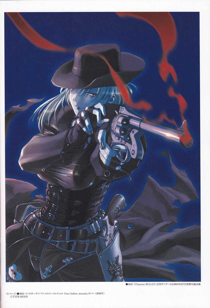 absurdres bangs belt blood blue_lipstick breasts brown_eyes cover fingerless_gloves gloves gun handgun highres hiroe_rei holster huge_filesize large_breasts lipstick looking_at_viewer makeup nail_polish official_art pants parted_lips phantom_bullet pistol scan scan_artifacts short_hair silver_hair solo standing weapon