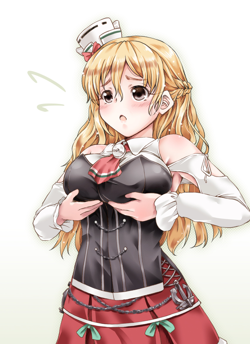 :o anchor armpit_cutout black_eyes blonde_hair blush bow braid breast_rest breast_squeeze breasts cowboy_shot cravat cross-laced_clothes french_braid hands_on_own_chest hat highres kantai_collection large_breasts long_hair red_bow red_skirt shoulder_cutout skirt solo tsukineko zara_(kantai_collection)