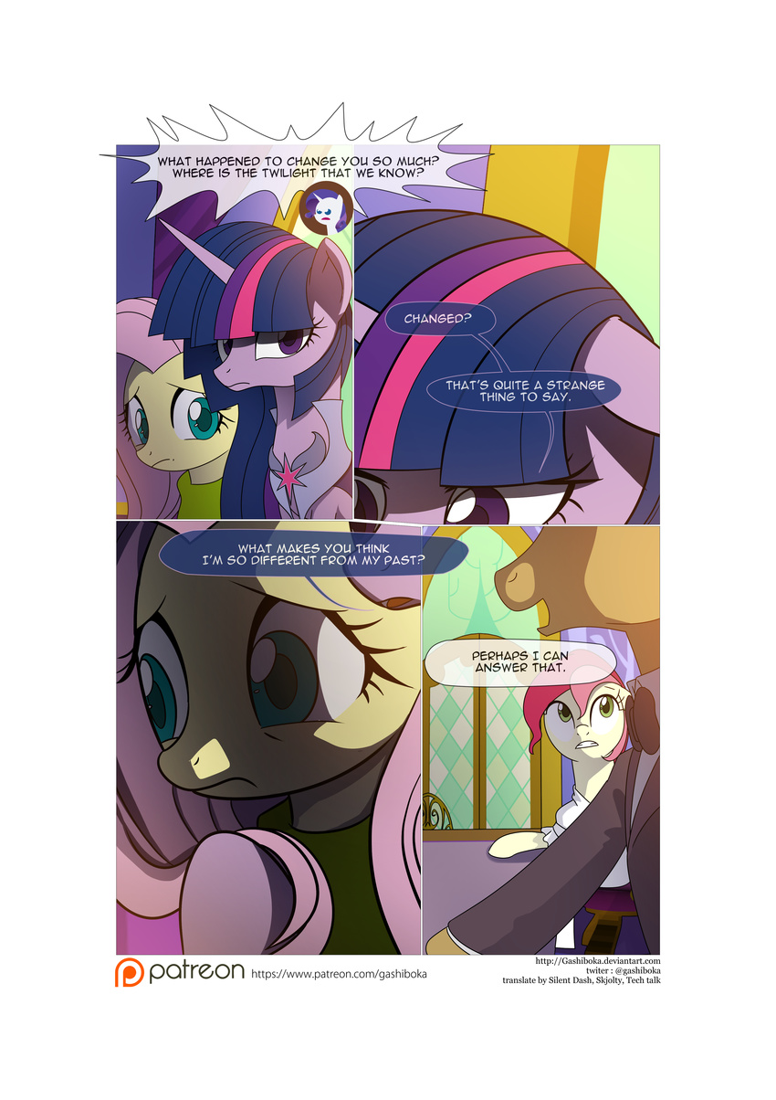 absurd_res clothed clothing comic dialogue digital_media_(artwork) doctor_whooves_(mlp) duo english_text equine female fluttershy_(mlp) friendship_is_magic gashiboka hi_res horn horse mammal my_little_pony patreon pony rose_(mlp) text twilight_sparkle_(mlp) winged_unicorn wings