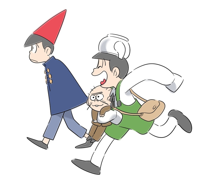 bag brothers brown_hair buck_teeth buttons carrying closed_eyes cosplay enerunaru formal gregory_(over_the_garden_wall) gregory_(over_the_garden_wall)_(cosplay) hat highres hijirisawa_shonosuke jacket kettle long_sleeves male_focus matsuno_choromatsu matsuno_juushimatsu messenger_bag multiple_boys osomatsu-kun osomatsu-san over_the_garden_wall shoulder_bag siblings simple_background sleeves_past_wrists suit walking white_background wirt_(over_the_garden_wall) wirt_(over_the_garden_wall)_(cosplay)