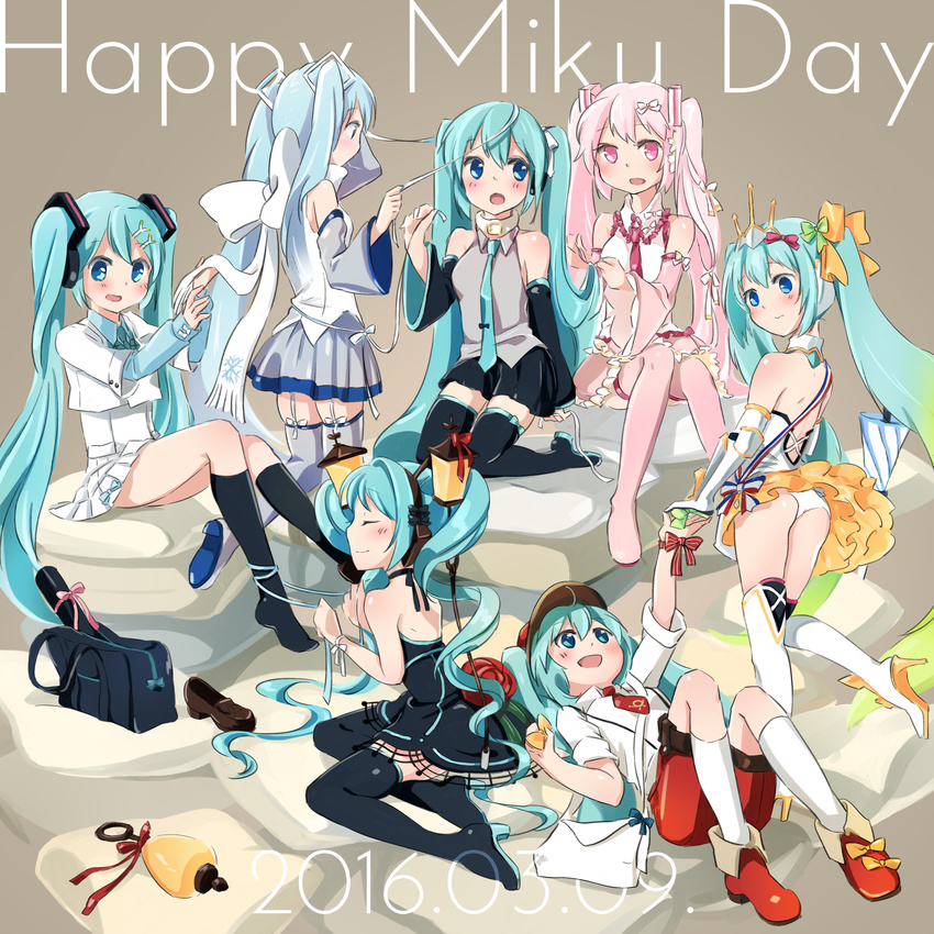 39 absurdres aqua_eyes aqua_hair black_footwear black_legwear boots closed_umbrella dated detached_sleeves dress garter_straps goodsmile_company goodsmile_racing hat hatsune_miku highres kneehighs lamp_miku long_hair lying necktie on_back open_mouth pink_footwear pink_legwear race_queen racing_miku racing_miku_(2015) sakura_miku scarf shorts sitting skirt thigh_boots thighhighs twintails umbrella very_long_hair vocaloid white_footwear white_legwear yuki_miku yuunagi_show zettai_ryouiki