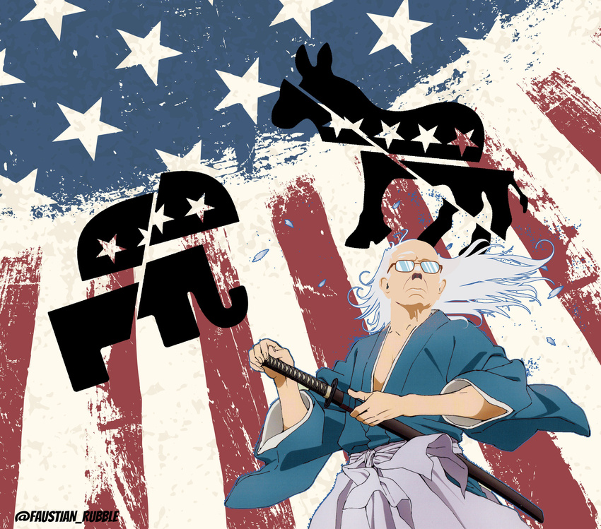 absurdres alternate_hair_length alternate_hairstyle american_flag artist_name bernie_sanders collarbone cowboy_shot donkey elephant faustian_rubble flag_background glasses highres japanese_clothes katana long_hair male_focus old_man opaque_glasses petals real_life real_life_insert samurai sheath sheathed solo standing sword twitter_username weapon white_hair