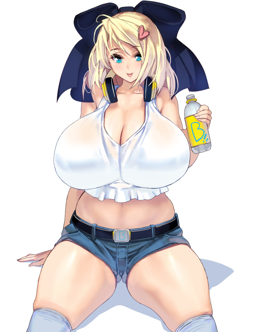 1girl bare_shoulders belt blonde_hair blue_eyes bottle bow breasts cleavage curvy hair_bow hair_ornament headphones highres huge_breasts long_hair looking_at_viewer masao midriff navel original short_shorts shorts sitting smile solo thick_thighs thighs tongue tongue_out
