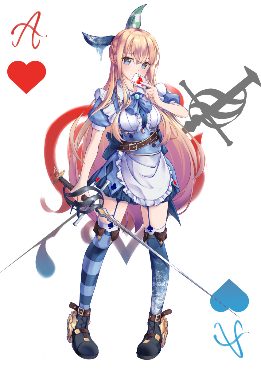 1girl absurdres ace_of_hearts alice_(wonderland) alice_in_wonderland apron bangs belt belt_buckle black_footwear blonde_hair blue_dress blue_eyes blue_legwear blue_neckwear breasts brooch brown_belt buckle card center_frills checkered closed_mouth club_(shape) collared_shirt commentary dress eyebrows_visible_through_hair fingernails frilled_apron frills fuusen_tsuchi garter_straps hair_between_eyes hand_up heart highres holding holding_card holding_sword holding_weapon jewelry long_hair looking_at_viewer mismatched_legwear over-kneehighs pigeon-toed playing_card puffy_short_sleeves puffy_sleeves shirt short_sleeves small_breasts smile solo spade_(shape) standing striped striped_legwear sword thighhighs very_long_hair waist_apron weapon white_apron white_shirt