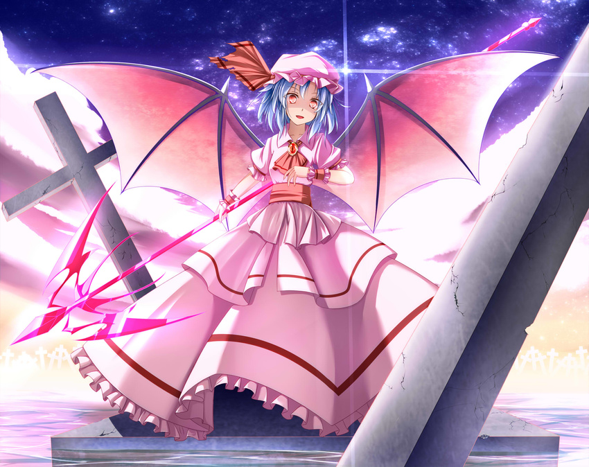 :d ascot bat_wings blue_hair commentary_request cross dress fang full_body hat hat_ribbon highres looking_at_viewer mob_cap mujina_tanuki open_mouth pink_dress puffy_short_sleeves puffy_sleeves red_eyes red_ribbon remilia_scarlet ribbon shaded_face short_hair short_sleeves skirt skirt_set smile solo spear_the_gungnir touhou wings wrist_cuffs