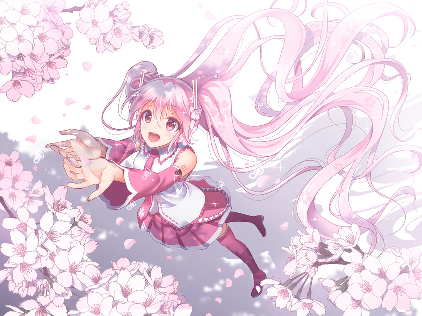 arms_up boots cherry_blossoms detached_sleeves eyebrows eyebrows_visible_through_hair from_above hair_between_eyes hair_ornament hatsune_miku highres long_hair necktie number open_mouth pink_eyes pink_footwear pink_hair pink_neckwear pink_skirt pleated_skirt sakura_miku shirt skirt solo thigh_boots thighhighs twintails very_long_hair vocaloid white_shirt youshuu