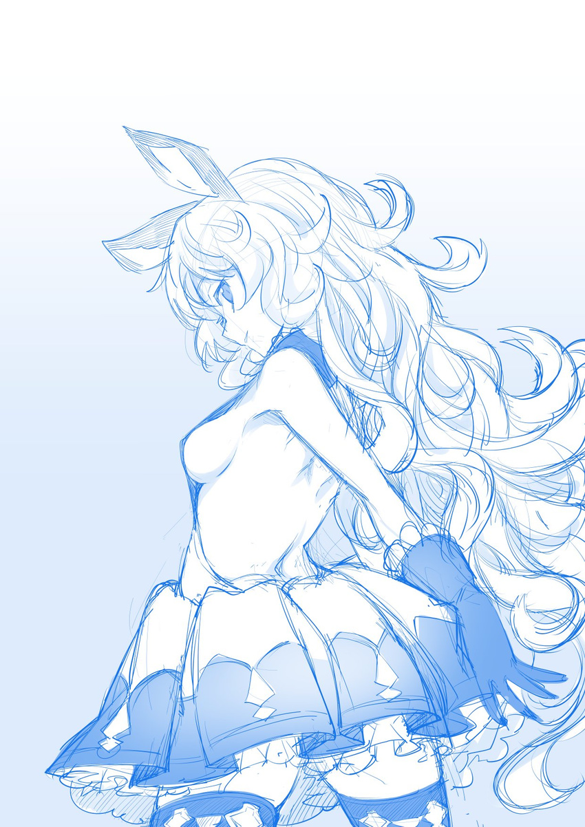 akino_sora animal_ears backless_dress backless_outfit bangs blue breasts commentary curly_hair dress erune ferry_(granblue_fantasy) frilled_dress frills gloves gradient gradient_background granblue_fantasy highres long_hair looking_at_viewer looking_back monochrome parted_lips pleated_dress profile sideboob sketch skirt small_breasts solo thighhighs