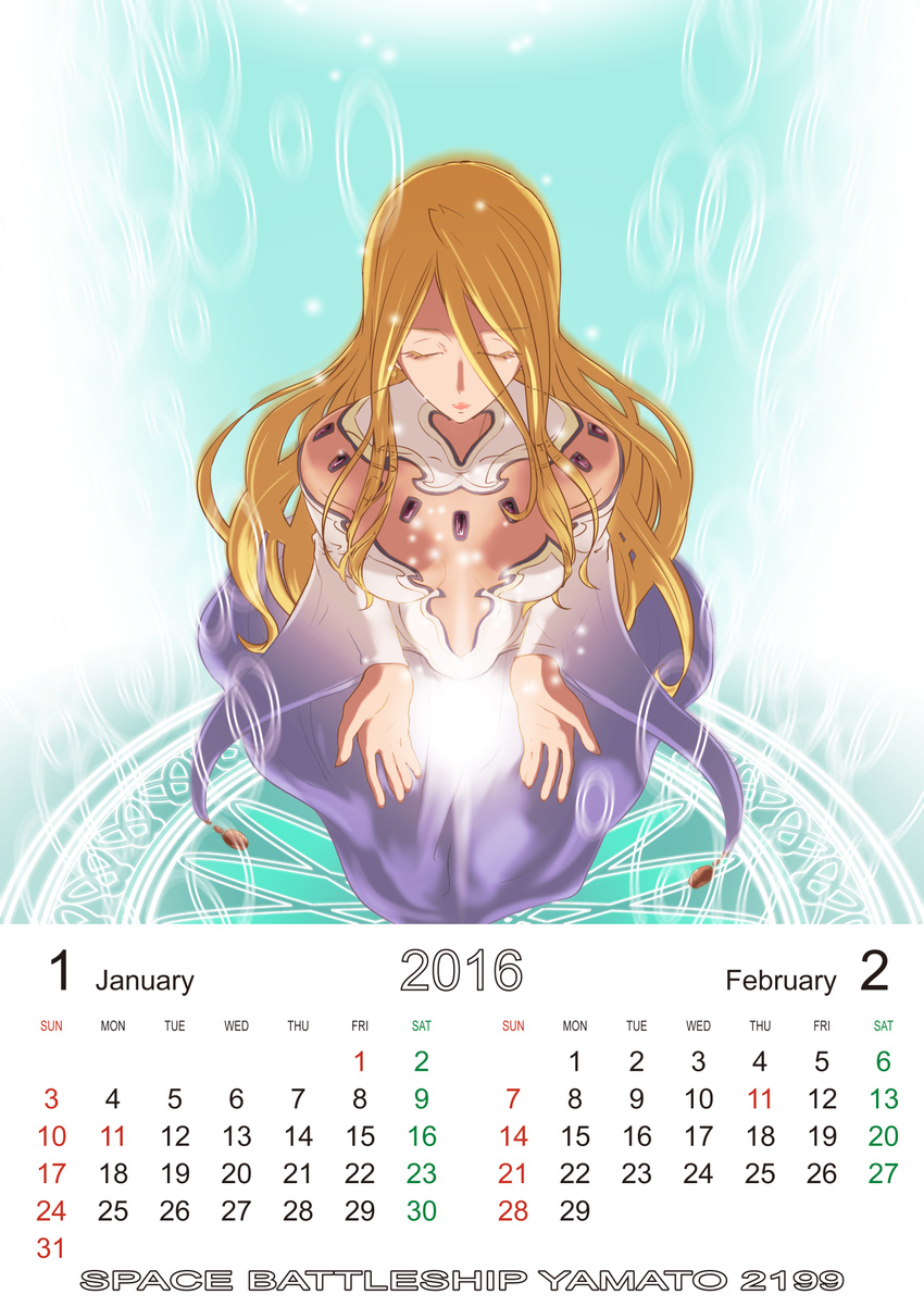 2016 bad_id bad_pixiv_id blonde_hair calendar_(medium) closed_eyes from_above highres long_hair see-through skin_tight solo starsha supe_(yuusyasupepen) uchuu_senkan_yamato uchuu_senkan_yamato_2199