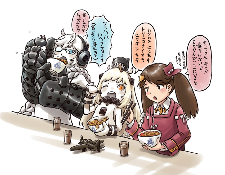 ahoge aircraft blue_eyes braid brown_eyes brown_hair chopsticks dress eating enemy_aircraft_(kantai_collection) food food_on_face gauntlets glasses hair_ornament headphones holding horns japanese_clothes kantai_collection karasu_(naoshow357) kariginu long_hair magatama mittens multiple_girls northern_ocean_hime one_eye_closed rice rice_on_face ryuujou_(kantai_collection) shinkaisei-kan single_braid supply_depot_hime translation_request twintails white_dress white_hair white_skin
